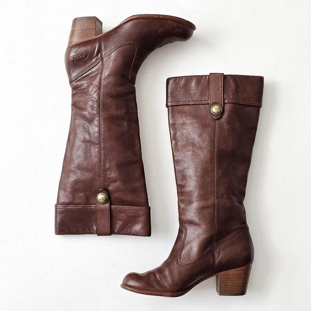 Coach Faith Leather Knee High Boots Brown Stacked Heel Riding Boots 6.5B